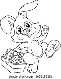 Easter bunny rabbit cartoon character holding a basket full of painted Easter eggs. In black and white outline