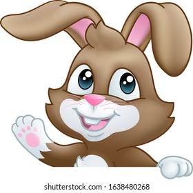 Easter bunny rabbit cartoon character peeking over a sign background and waving