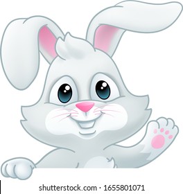 Easter bunny rabbit cartoon character peeking over a sign background and waving