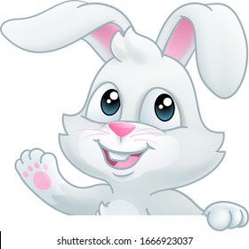 Easter bunny rabbit cartoon character peeking over a sign background and waving