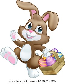 Easter bunny rabbit cartoon character holding a basket full of painted Easter eggs