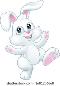 The Easter bunny rabbit cartoon character waving and dancing or hopping along