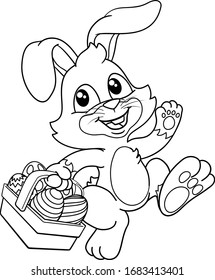 Easter Bunny Rabbit Cartoon Character Holding A Basket Full Of Painted Easter Eggs. In Black And White Outline