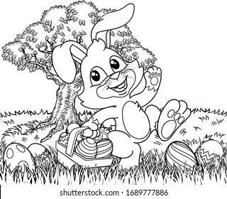 Easter bunny rabbit cartoon character holding a basket full of painted Easter eggs in a field of grass. In black and white outline.