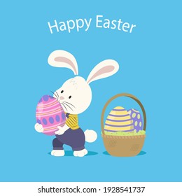 Easter bunny rabbit cartoon character holding a basket full of painted Easter eggs. Vector 