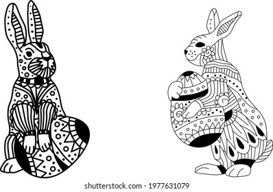 Easter bunny rabbit cartoon character in black and white outline.
