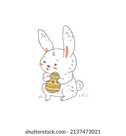 Easter bunny or rabbit cartoon character with egg in paws, hand drawn vector illustration isolated on white background. Easter white funny bunny for holiday cards.