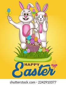 Easter bunny rabbit cartoon character ,decorated easter card, banner,Easter eggs,vector illustration.