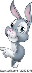 Un personaje de caricatura de conejo de Pascua mirando alrededor de un cartel