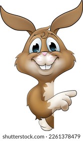 An Easter bunny rabbit cartoon character peeking around a sign