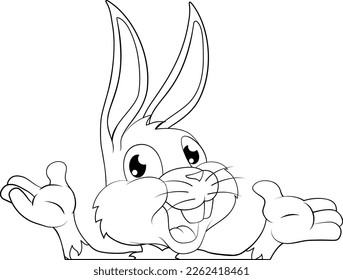 An Easter bunny rabbit cartoon character peeking around a sign