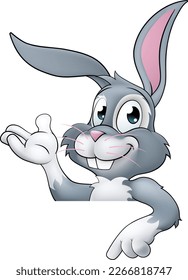 An Easter bunny rabbit cartoon character peeking around a sign