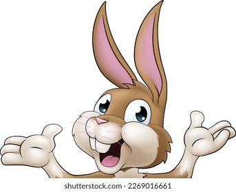 An Easter bunny rabbit cartoon character peeking around a sign