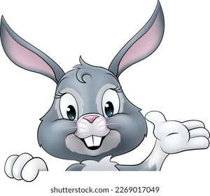 An Easter bunny rabbit cartoon character peeking around a sign