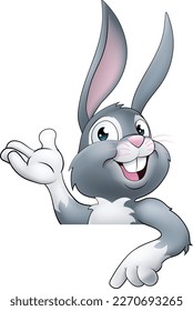 An Easter bunny rabbit cartoon character peeking around a sign