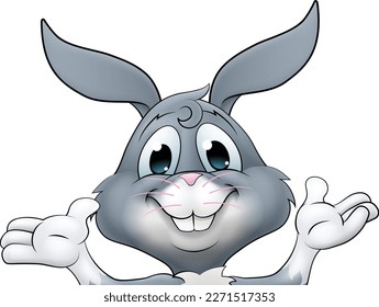 An Easter bunny rabbit cartoon character peeking around a sign