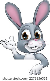 An Easter bunny rabbit cartoon character peeking around a sign
