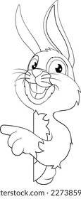 Un personaje de caricatura de conejo de Pascua mirando alrededor de un cartel