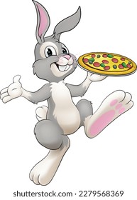 An Easter bunny rabbit cartoon character serving or delivering pizza from a food restaurant, possibly the chef