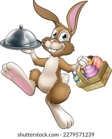 An Easter bunny rabbit cartoon character, possibly the chef, serving or delivering food from a restaurant in a silver cloche tray plate or platter.