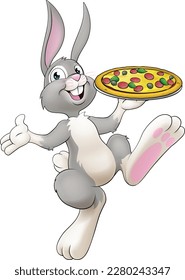 Un personaje de caricatura de conejo de Pascua sirviendo o entregando pizza de un restaurante de comida, posiblemente el chef