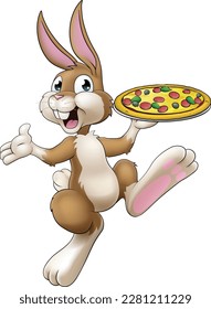 Un personaje de caricatura de conejo de Pascua sirviendo o entregando pizza de un restaurante de comida, posiblemente el chef