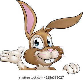 An Easter bunny rabbit cartoon character peeking around a sign