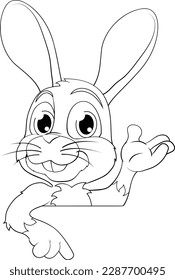 Un personaje de caricatura de conejo de Pascua mirando alrededor de un cartel