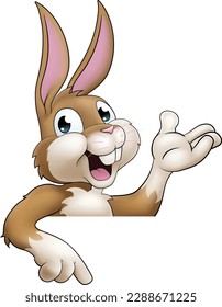 An Easter bunny rabbit cartoon character peeking around a sign