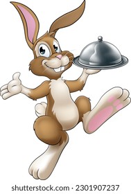Un personaje de caricatura de conejo de Pascua, posiblemente el chef, que sirve o reparte comida de un restaurante en un plato o bandeja de plata.