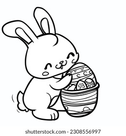 Easter bunny rabbit cartoon character holding a basket full of painted Easter eggs.