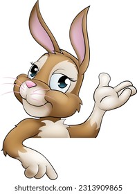 An Easter bunny rabbit cartoon character peeking around a sign