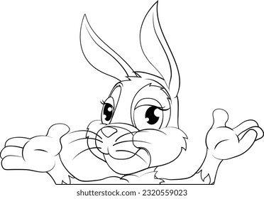 Ein Osterhase-Cartoon-Charakter, der um ein Zeichen herumschaut
