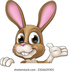 Ein Osterhase-Cartoon-Charakter, der um ein Zeichen herumschaut