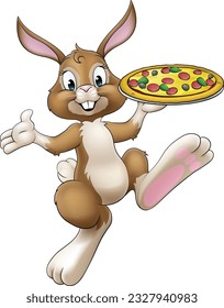 Un personaje de caricatura de conejo de Pascua sirviendo o entregando pizza de un restaurante de comida, posiblemente el chef