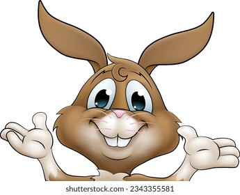 An Easter bunny rabbit cartoon character peeking around a sign