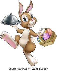 An Easter bunny rabbit cartoon character, possibly the chef, serving or delivering food from a restaurant in a silver cloche tray plate or platter.