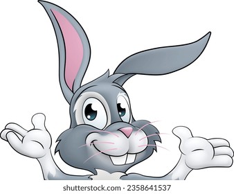 An Easter bunny rabbit cartoon character peeking around a sign