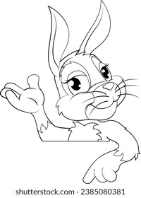 Un personaje de caricatura de conejo de Pascua mirando alrededor de un cartel