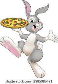 An Easter bunny rabbit cartoon character serving or delivering pizza from a food restaurant, possibly the chef