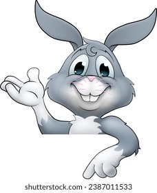 An Easter bunny rabbit cartoon character peeking around a sign