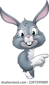 An Easter bunny rabbit cartoon character peeking around a sign