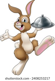 An Easter bunny rabbit cartoon character, possibly the chef, serving or delivering food from a restaurant in a silver cloche tray plate or platter.