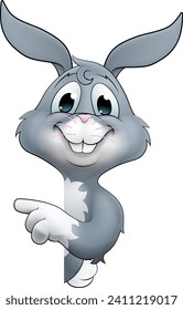 An Easter bunny rabbit cartoon character peeking around a sign