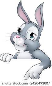 An Easter bunny rabbit cartoon character peeking around a sign