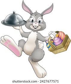 An Easter bunny rabbit cartoon character, possibly the chef, serving or delivering food from a restaurant in a silver cloche tray plate or platter.