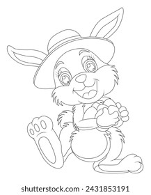 Easter bunny rabbit cartoon character holding a basket full of painted Easter eggs. In black and white outline