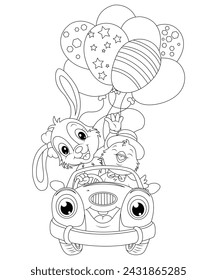 Easter bunny rabbit cartoon character holding a basket full of painted Easter eggs. In black and white outline