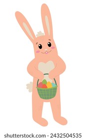 Easter bunny rabbit cartoon character holding basket full of painted Easter eggs isolated on white background. Trendy Easter design. Flat vector illustration for poster, icon, card, logo, label