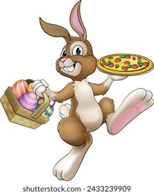An Easter bunny rabbit cartoon character serving or delivering pizza from a food restaurant, possibly the chef